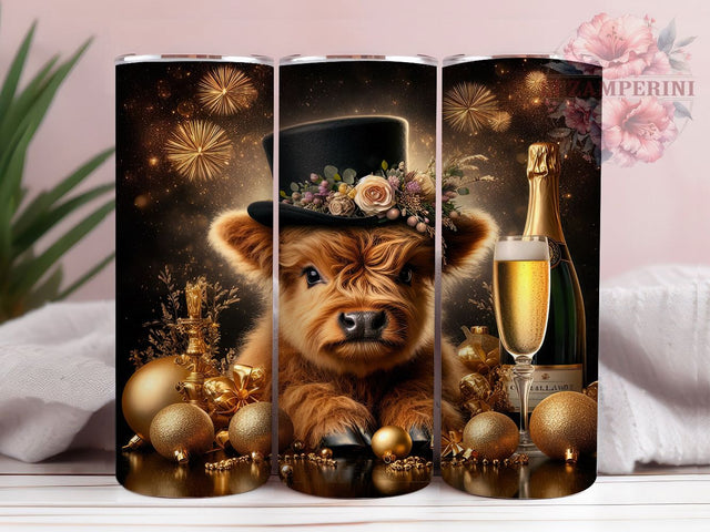 Highland Cow New Year Celebration Tumbler, Celebration Sublimation Design, Festive Holiday Cup Art, 20oz Party Tumbler, Whimsical Cow Mug, Stylish New Year Cup, Cozy Holiday Wrap Sublimation Li Zamperini 