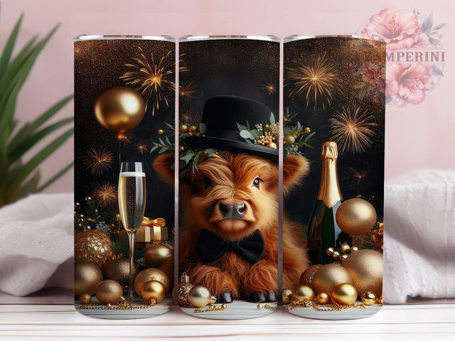 Highland Cow New Year Celebration Tumbler, Celebration Sublimation Design, Festive Holiday Cup Art, 20oz Party Tumbler, Whimsical Cow Mug, Stylish New Year Cup, Cozy Holiday Wrap Sublimation Li Zamperini 