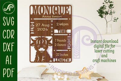 Highland cow Newborn Baby stats, Birth plaque, name SVG APInspireddesigns 