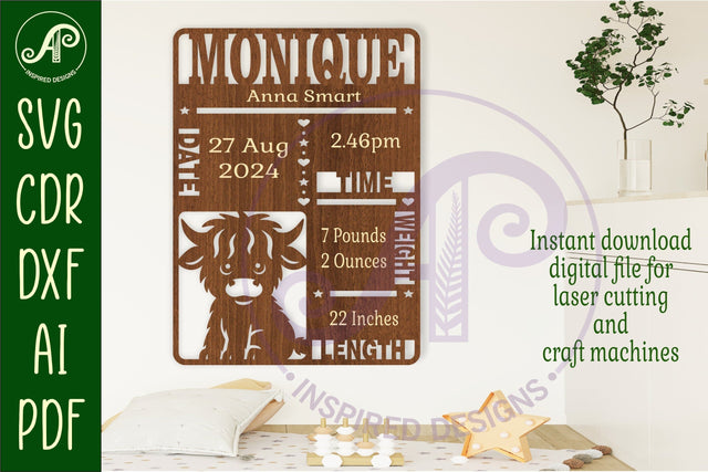 Highland cow Newborn Baby stats, Birth plaque, name SVG APInspireddesigns 