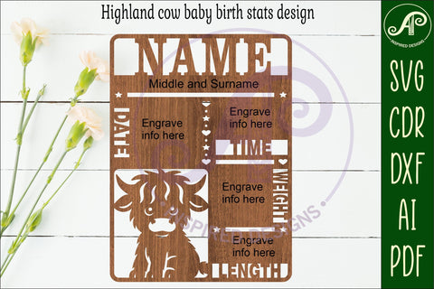 Highland cow Newborn Baby stats, Birth plaque, name SVG APInspireddesigns 