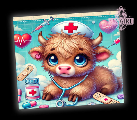 Highland Cow Nurse 20oz Tumbler Wrap, Cute Animal Tumbler, Sublimation Tumbler, 20oz Tumbler Wrap, Medical Tumbler, Personalized Tumbler Sublimation SvggirlplusArt 