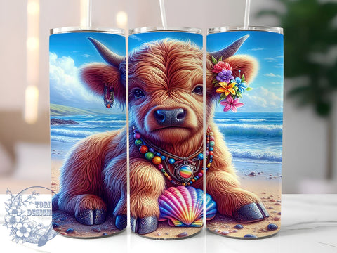 Highland Cow Ocean 20oz Skinny Tumbler PNG, Highland Cow Tumbler Sublimation Wrap, Straight & Tapered Tumbler Wrap, Instant Digital Download Sublimation ToriDesigns 