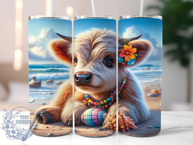 Highland Cow Ocean 20oz Skinny Tumbler PNG, Highland Cow Tumbler Sublimation Wrap, Straight & Tapered Tumbler Wrap, Instant Digital Download Sublimation ToriDesigns 