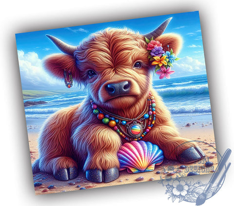 Highland Cow Ocean 20oz Skinny Tumbler PNG, Highland Cow Tumbler Sublimation Wrap, Straight & Tapered Tumbler Wrap, Instant Digital Download Sublimation ToriDesigns 