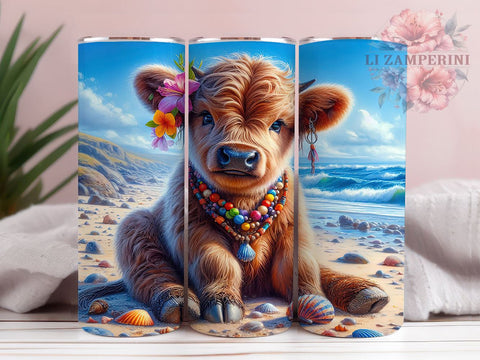 Highland Cow Ocean 20oz Tumbler Wrap PNG, Highland Cow Tumbler PNG Sublimation Design, Straight & Tapered Tumbler Wrap, Instant Digital Download Sublimation Li Zamperini 