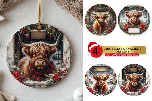 Highland Cow Ornament Bundle - Round Farmhouse Ornament PNG Sublimation BijouBay 