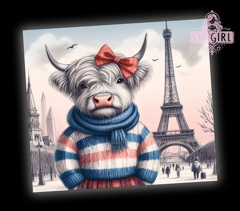 Highland Cow, Paris Mon Amour, Eiffel Tower, 20oz Tumbler Wrap, Sublimation PNG, Cute Cow Design, Digital Download Sublimation SvggirlplusArt 