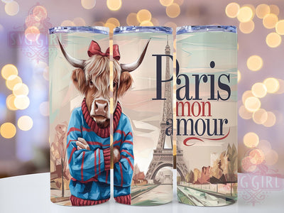 Highland Cow, Paris Mon Amour, Eiffel Tower, 20oz Tumbler Wrap, Sublimation PNG, Cute Cow Design, Digital Download Sublimation SvggirlplusArt 