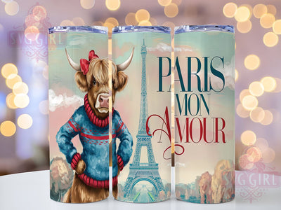 Highland Cow, Paris Mon Amour, Eiffel Tower, 20oz Tumbler Wrap, Sublimation PNG, Cute Cow Design, Digital Download Sublimation SvggirlplusArt 