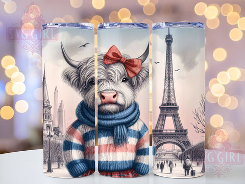 Highland Cow, Paris Mon Amour, Eiffel Tower, 20oz Tumbler Wrap, Sublimation PNG, Cute Cow Design, Digital Download Sublimation SvggirlplusArt 