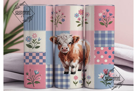 Highland Cow Patchwork 20oz Tumbler Wrap Sublimation sassyprint 