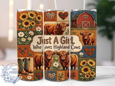 Highland Cow Patchwork Glow 20oz Tumbler, Highland Cow, Patchwork Pattern, Rustic Charm, Farmhouse Style, Glow Effect, Skinny Tumbler, Sublimation PNG Sublimation ToriDesigns 