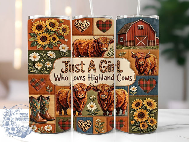 Highland Cow Patchwork Glow 20oz Tumbler, Highland Cow, Patchwork Pattern, Rustic Charm, Farmhouse Style, Glow Effect, Skinny Tumbler, Sublimation PNG Sublimation ToriDesigns 
