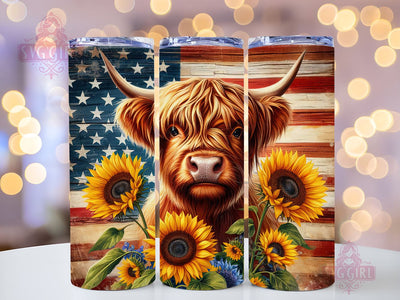 Highland Cow Patriotic 20oz Tumbler Wrap Sublimation Design, Straight Tapered Tumbler Wrap, 4th Of July Tumbler Png, Instant Digital Download Sublimation SvggirlplusArt 