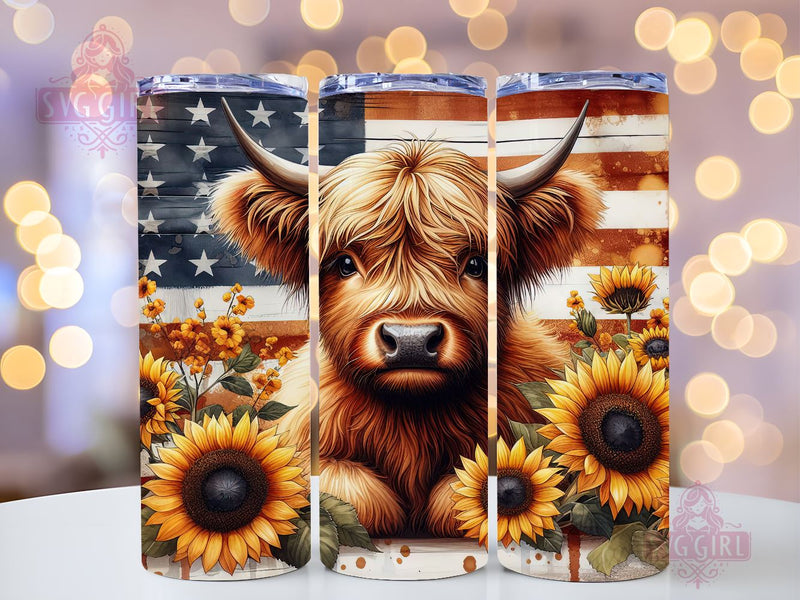 Highland Cow Patriotic 20oz Tumbler Wrap Sublimation Design, Straight Tapered Tumbler Wrap, 4th Of July Tumbler Png, Instant Digital Download Sublimation SvggirlplusArt 