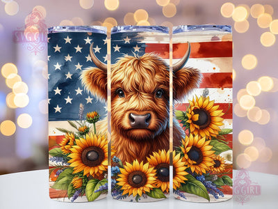 Highland Cow Patriotic 20oz Tumbler Wrap Sublimation Design, Straight Tapered Tumbler Wrap, 4th Of July Tumbler Png, Instant Digital Download Sublimation SvggirlplusArt 