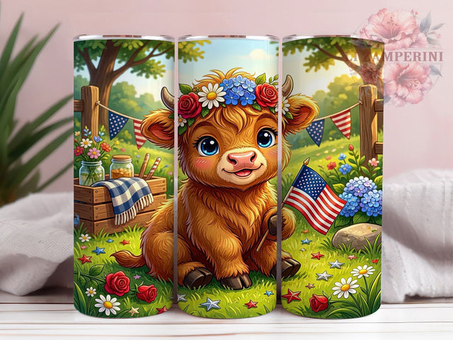 Highland Cow Patriotic Calf 20oz Tumbler, 4th Of July, Patriotic Design, Fluffy Calf, Rustic Charm, 20oz Tumbler Wrap, Sublimation PNG Sublimation Li Zamperini 