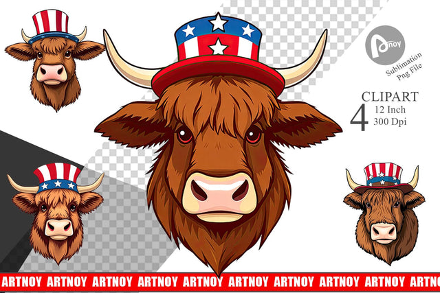 Highland Cow Patriotic Clipart Sublimation artnoy 