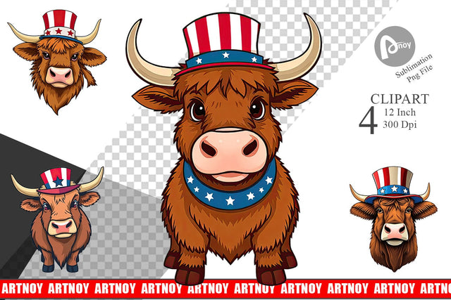 Highland Cow Patriotic Clipart Sublimation artnoy 