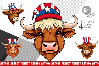 Highland Cow Patriotic Clipart Sublimation artnoy 