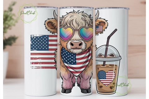 Highland Cow Patriotic Coffee Tumbler Sublimation PixelChick 
