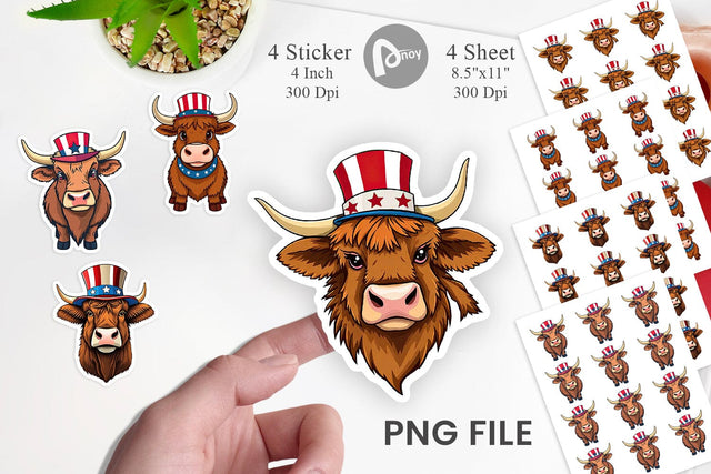Highland Cow Patriotic Sticker Sublimation artnoy 