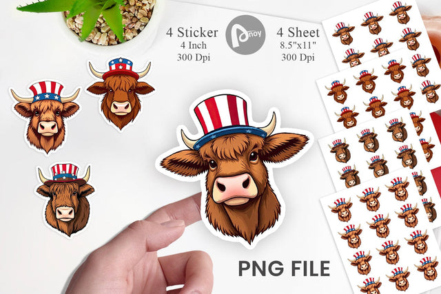 Highland Cow Patriotic Sticker Sublimation artnoy 