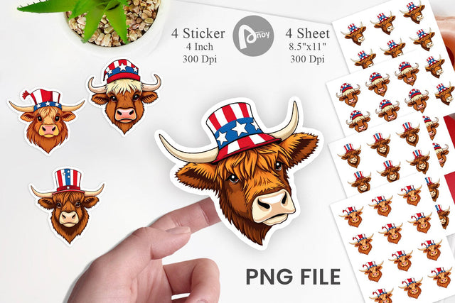 Highland Cow Patriotic Sticker Sublimation artnoy 