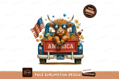 Highland cow patriotic truck american flag Sublimation Designangry 