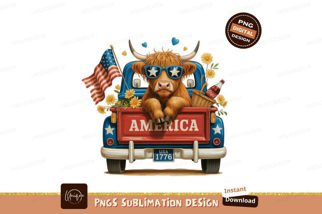 Highland cow patriotic truck american flag Sublimation Designangry 