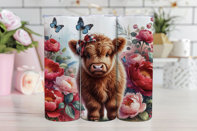 Highland Cow & Peonies Seamless Tumbler Sublimation PNG Sublimation BijouBay 