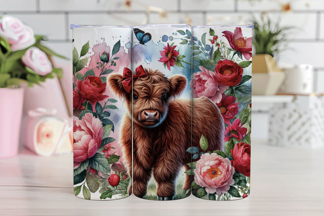 Highland Cow & Peonies Tumbler Sublimation PNG Sublimation BijouBay 
