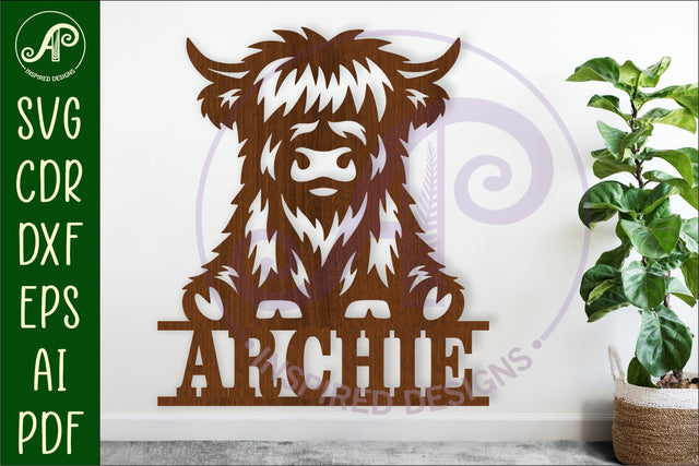 Highland cow personalized name sign laser cut SVG APInspireddesigns 