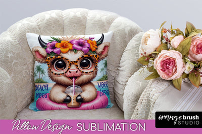Highland Cow Pillow Cover - Beach Pillow Case Sublimation Sublimation OrangeBrushStudio 