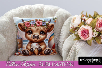 Highland Cow Pillow Cover - Beach Pillow Case Sublimation Sublimation OrangeBrushStudio 