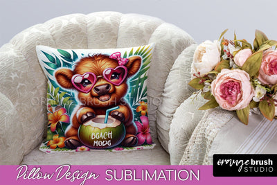 Highland Cow Pillow Cover - Beach Pillow Case Sublimation Sublimation OrangeBrushStudio 