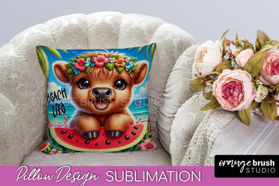 Highland Cow Pillow Cover - Beach Pillow Case Sublimation Sublimation OrangeBrushStudio 