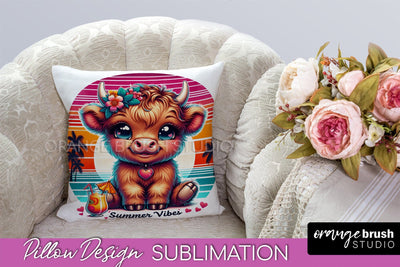 Highland Cow Pillow Cover - Beach Pillow Case Sublimation Sublimation OrangeBrushStudio 