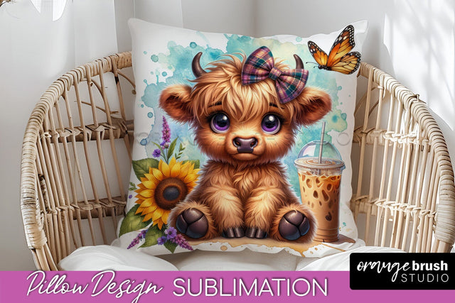 Highland Cow Pillow Cover - Coffee Sublimation Design Sublimation OrangeBrushStudio 