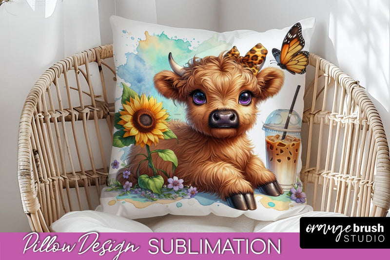 Highland Cow Pillow Cover - Coffee Sublimation Design Sublimation OrangeBrushStudio 