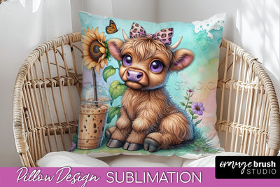 Highland Cow Pillow Cover - Coffee Sublimation Design Sublimation OrangeBrushStudio 