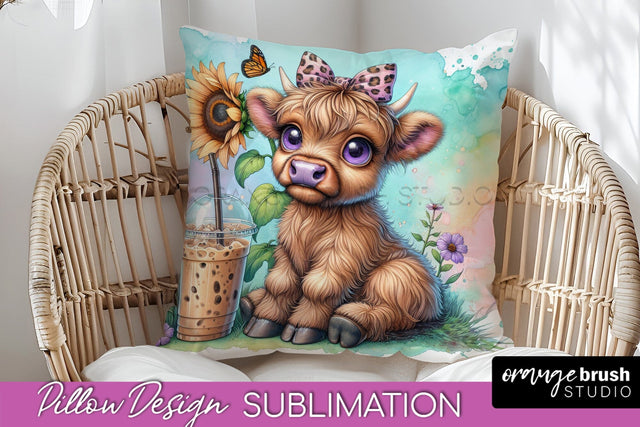 Highland Cow Pillow Cover - Coffee Sublimation Design Sublimation OrangeBrushStudio 