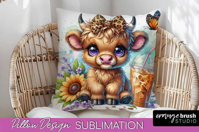 Highland Cow Pillow Cover - Coffee Sublimation Design Sublimation OrangeBrushStudio 