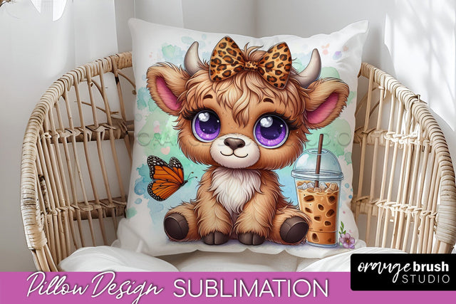 Highland Cow Pillow Cover - Coffee Sublimation Design Sublimation OrangeBrushStudio 