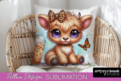 Highland Cow Pillow Cover - Coffee Sublimation Design Sublimation OrangeBrushStudio 