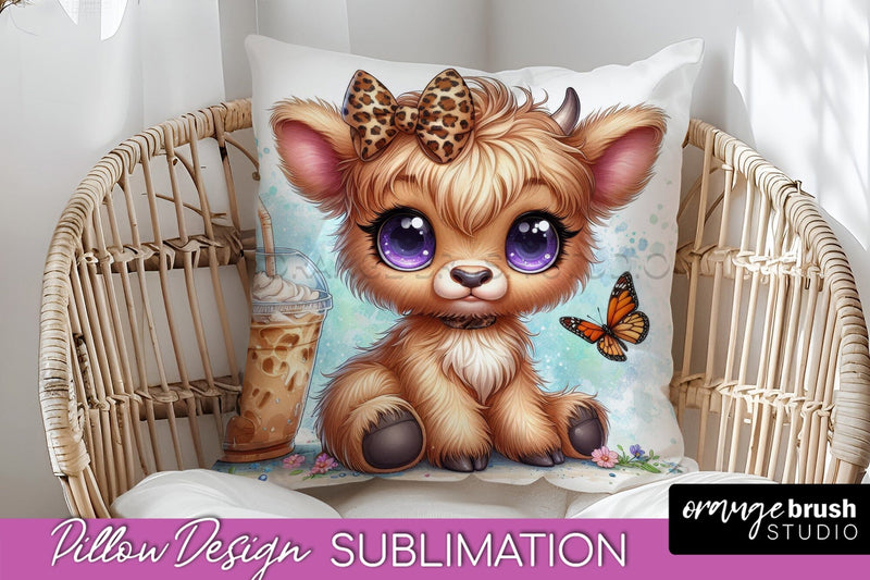 Highland Cow Pillow Cover - Coffee Sublimation Design Sublimation OrangeBrushStudio 