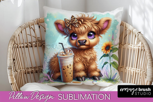 Highland Cow Pillow Cover - Coffee Sublimation Design Sublimation OrangeBrushStudio 
