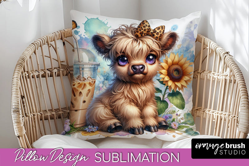 Highland Cow Pillow Cover - Coffee Sublimation Design Sublimation OrangeBrushStudio 