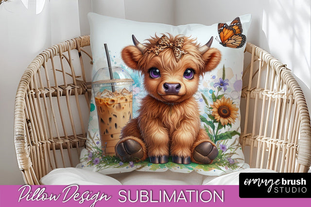 Highland Cow Pillow Cover - Coffee Sublimation Design Sublimation OrangeBrushStudio 